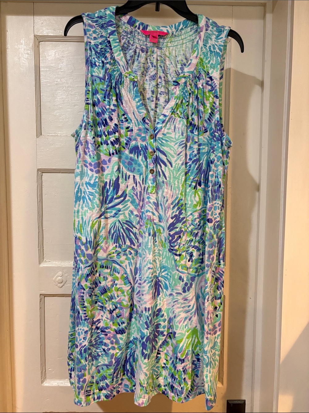 Lilly Pulitzer Essie Sleeveless Tropical Print Shift Dress in Aqua & Blue XL